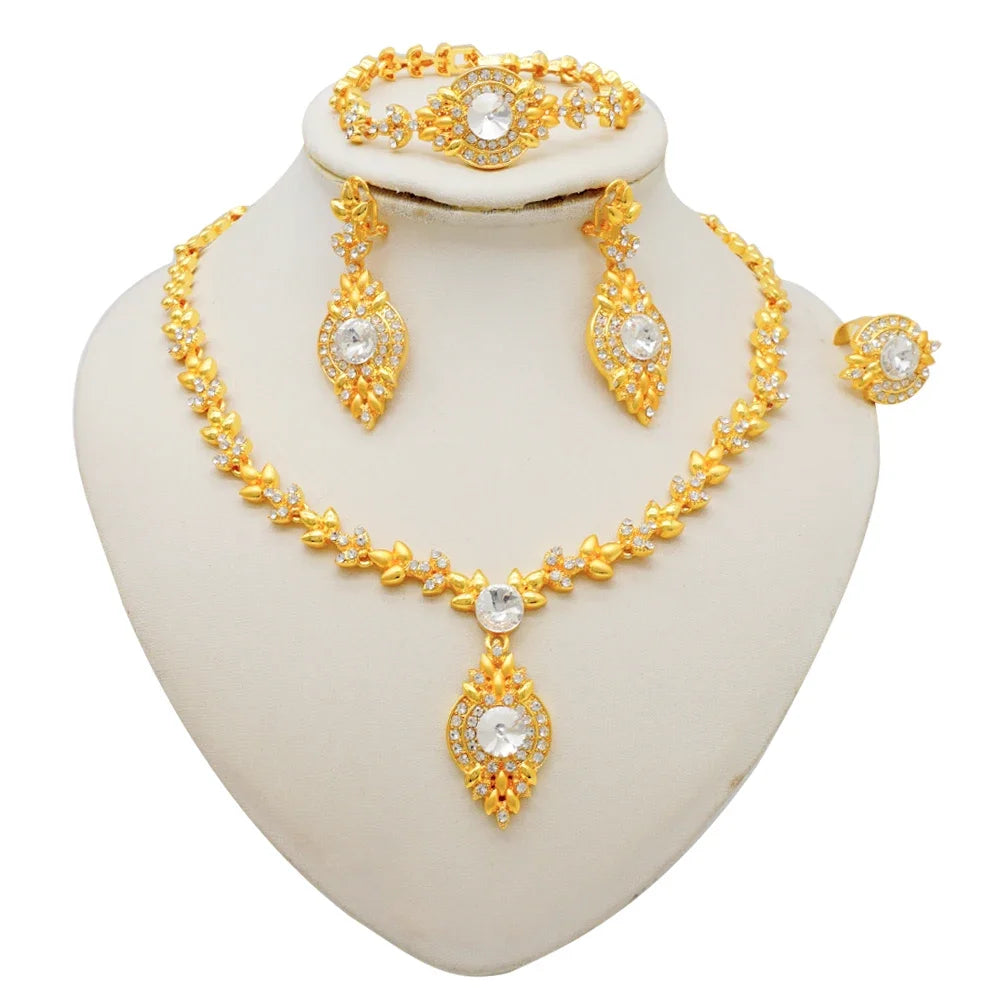 Women Gold Color Jewelry Sets Blue Pendant Necklace Earrings Bracelet Ring Sets Party Gifts