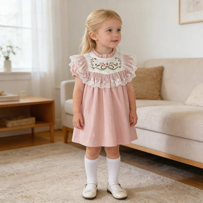2026 New Summer Sister Clothing Short Sleeved Cotton Embroidery Kids Princess Dress 2-6Y Baby Girl Birthday Party Lace Dress