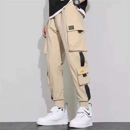 Men's Cargo Pants Casual Hip Hop Hit Color Multiple Pockets Trousers Streetwear Ribbons Techwear Sweatpants Boys