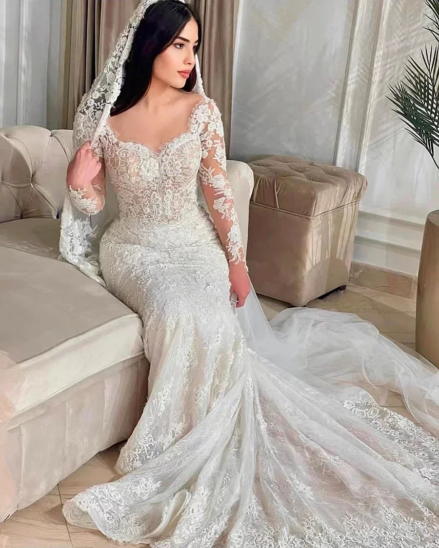 Customized Luxury Mermaid Wedding Dresses Detachable Train Romantic Lace Long Sleeve Bride Dresses For Vestidos De Novia Boda