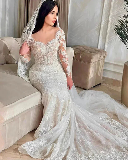 Customized Luxury Mermaid Wedding Dresses Detachable Train Romantic Lace Long Sleeve Bride Dresses For Vestidos De Novia Boda