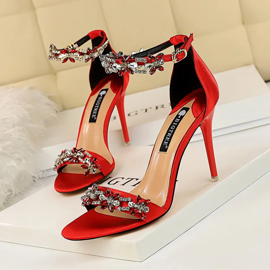 Open Toe Rhinestones Sandals Women 2024 New Designer Luxury High Heels Female Shoes Summer Heeled Satin One Word Belt 368-1