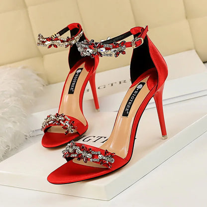 Open Toe Rhinestones Sandals Women 2024 New Designer Luxury High Heels Female Shoes Summer Heeled Satin One Word Belt 368-1