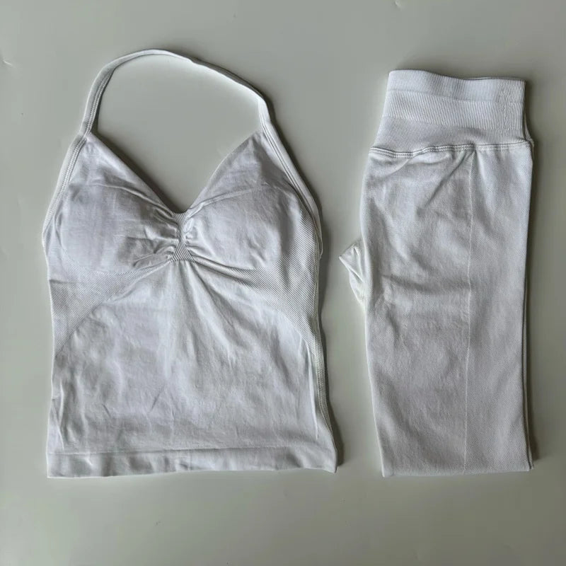 2 Pieces Set Leggings Set Women Backless Tank Tops High Waist Scrunch Gym Suit Fitness Clothes Outfit Workout Yoga Set