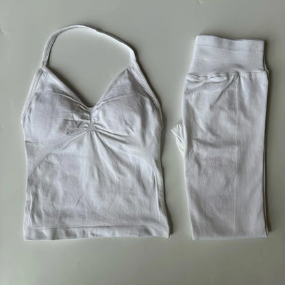 2 Pieces Set Leggings Set Women Backless Tank Tops High Waist Scrunch Gym Suit Fitness Clothes Outfit Workout Yoga Set