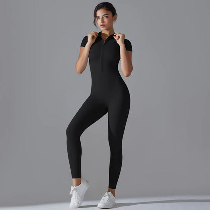 Yoga Set Women's Jumpsuits One-Piece Suit Zipper Short Sleeve Gym Push Up Workout Clothes Fitness Bodysuit Sportswear Tracksuit