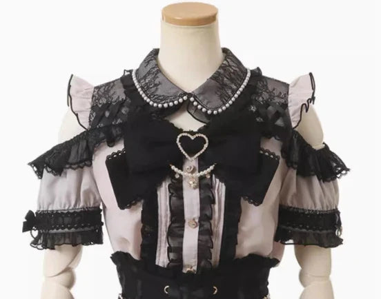 Japanese Liz New Summer Lace Edge Leather Ring High Waist Pleated Skirt Ribbon Bow All-match Short Skirts Big Bow Lolita Blouses