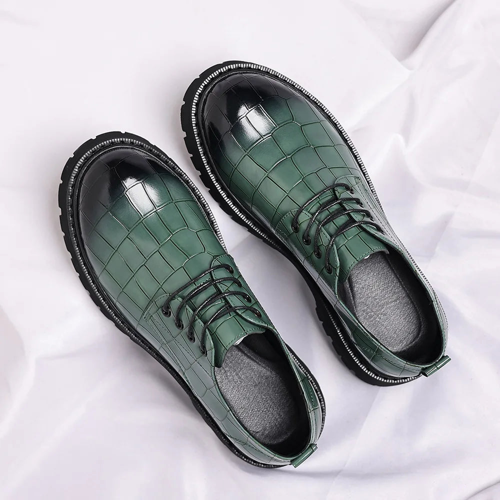 Business Formal Big Head Leather Shoes Men Spring Autumn Fashion Platform Shoes Male Lace Designer Stone Pattern Dress Shoes Man