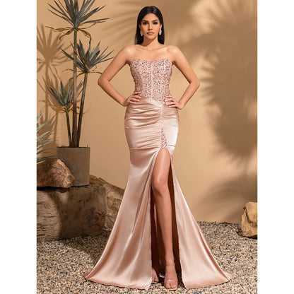 Satin pleated floor-length sequined patchwork strapless dress with back ties