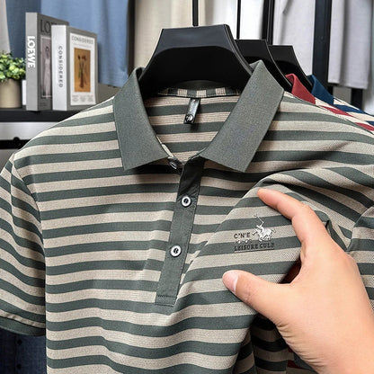 Summer High End Man Polo Shirt Striped Lapel Short Sleeve Horse Lette Print New Breathable T-Shirt Classic Commuter Menswear Top