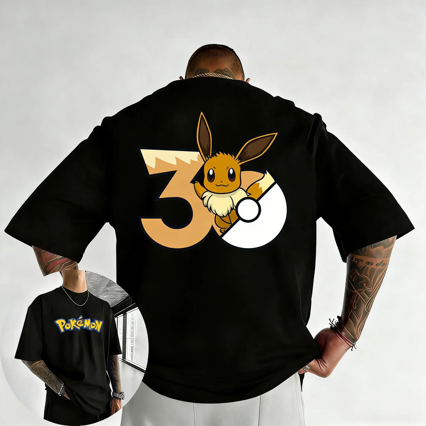 30th Anniversary Eevee Printed T-shirt Summer New Men's and Women's Trendy Large Loose Casual Y2K Short Sleeve Top