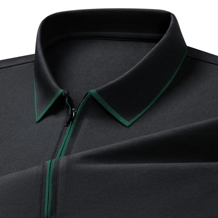 Men's Silk Zipper Polo Shirt Short Sleeve Mulberry T-Shirt Metal Zipper, Stand Collar Luxury Casual Summer Top Cotton&Linen Tee