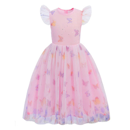 2026 Baby Girl Summer Dresses Kids Pink Butterfly Printed Princess Dress Children Birthday Party Dress Up Girls Fashion Clothes