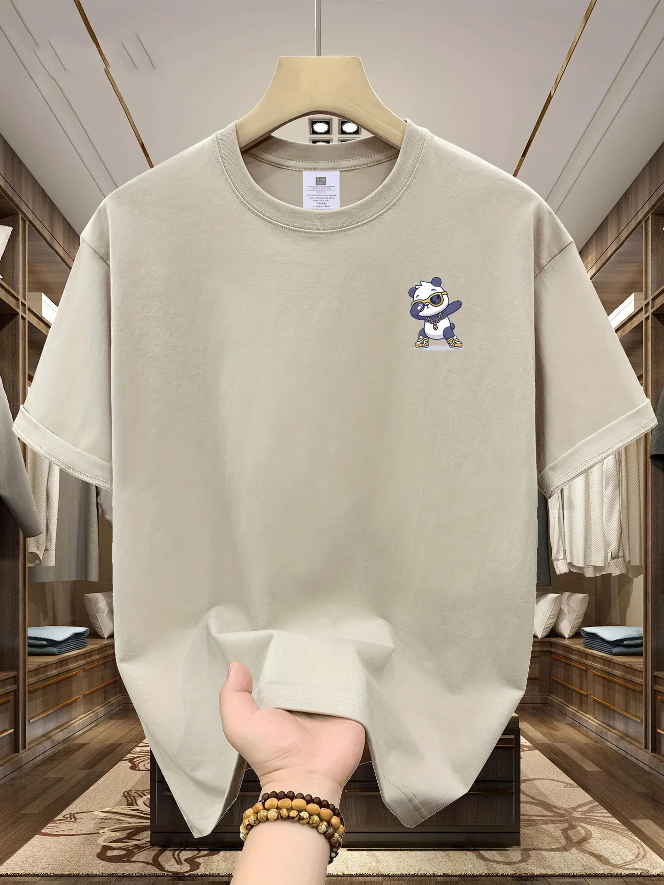 Men's Summer 100% Cotton Cartoon Bear Graphic Printed Fashion Sports and Leisure Loose Round Neck Short Sleeve T-shirt Top