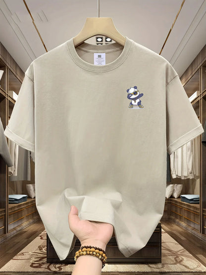 Men's Summer 100% Cotton Cartoon Bear Graphic Printed Fashion Sports and Leisure Loose Round Neck Short Sleeve T-shirt Top