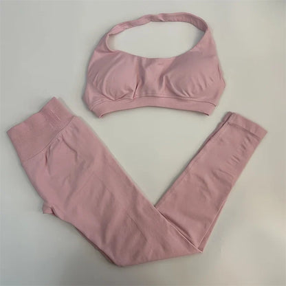 Yoga Legging Sets for Women Seamless Yoga Set Scrunch Butt Legging Set Workout Gym Suit with Halter Crop Top