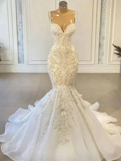 Luxury Mermaid Wedding Dresses Beaded Appliques Vintage Lace Up Back Bridal Gown Spaghetti Straps Vestido De Novia