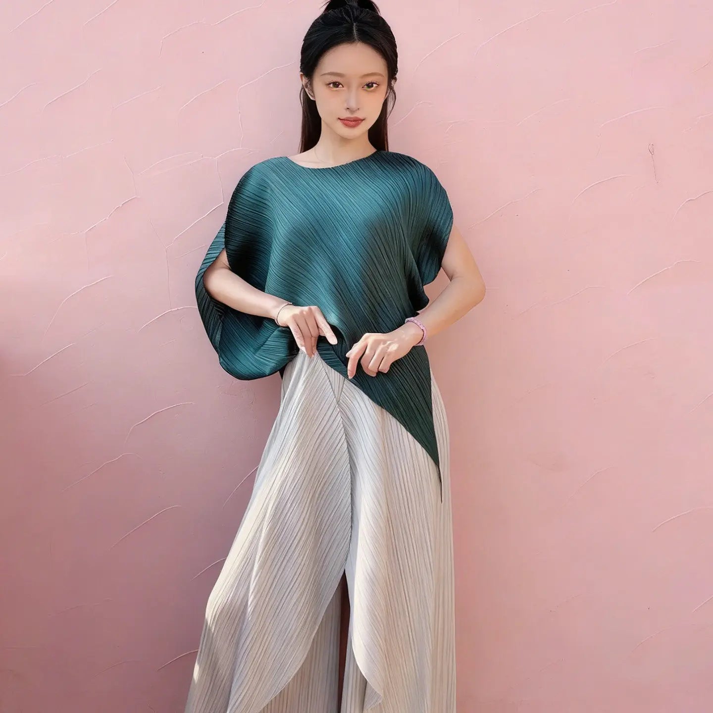 Miyake pleated high-end design fashionable irregular solid color round neck top for women