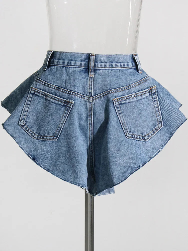 Patchwork Pockets Solid Casual Denim Shorts For Women