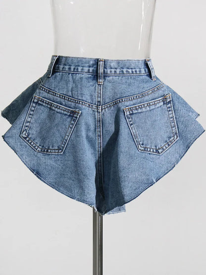Patchwork Pockets Solid Casual Denim Shorts For Women