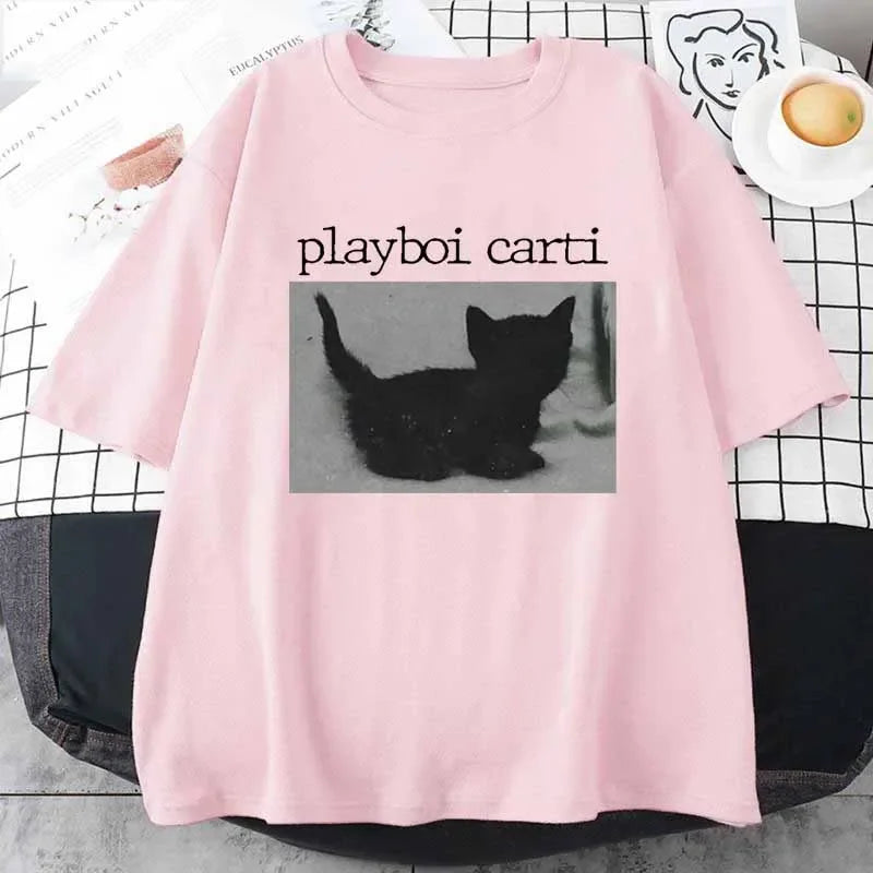 Summer Playboi Carti Hip-Hop T Shirt Cute Cat Harajuku Print Tee Regular Men's Clothing Tops Quality Rapper 2026 New T Shirt