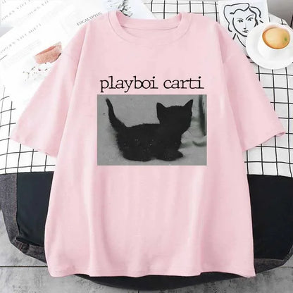 Summer Playboi Carti Hip-Hop T Shirt Cute Cat Harajuku Print Tee Regular Men's Clothing Tops Quality Rapper 2026 New T Shirt