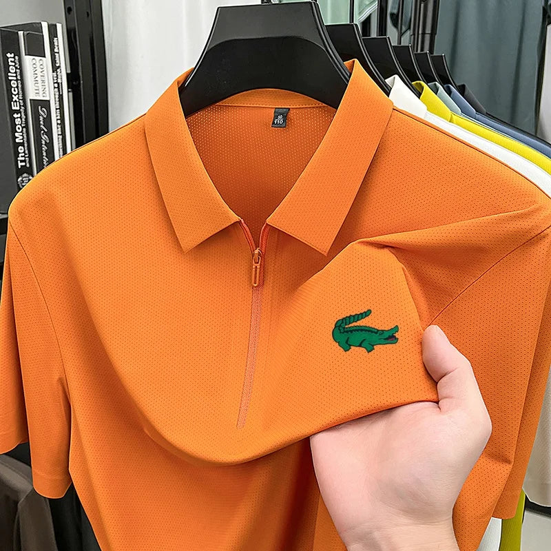 Men's Premium Textured Polo Shirt Seamless Half Zipper Crocodile Print Short Sleeve Summer Lapel T-Shirt Classic Men's Clothing