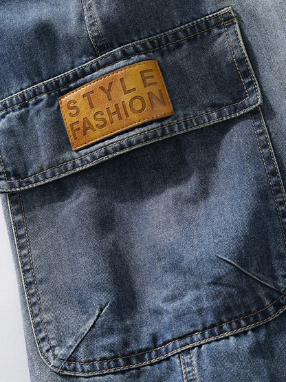 Men's Cargo Jeans with 5 Pockets Spring Summer All-Day Wide Leg Straight Baggy Jeans Brushed Warm Denim Pants Asian Size L-6XL