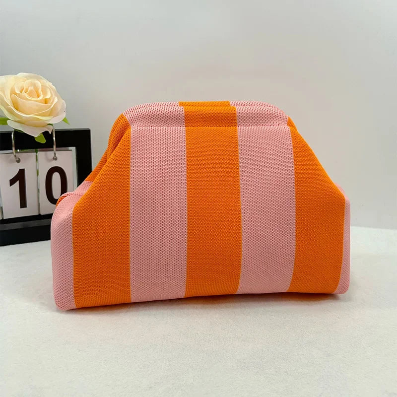 Knitted Striped Handbag Summer Beach Clutch Bags for Women Crochet Handbags Purses Knitting Dumpling Ruched Cosmetics Storage