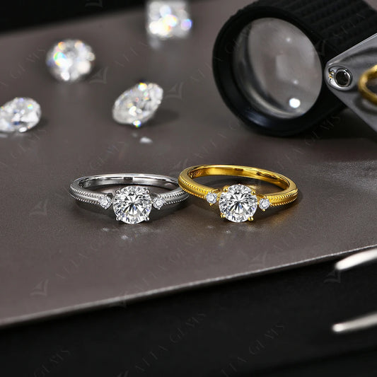 1CT 6.5mm Round Cut Moissanite Ring for Women 925 Silver 18K Gold Plated Bead Edge Design Engagement Party Jewelry Gift