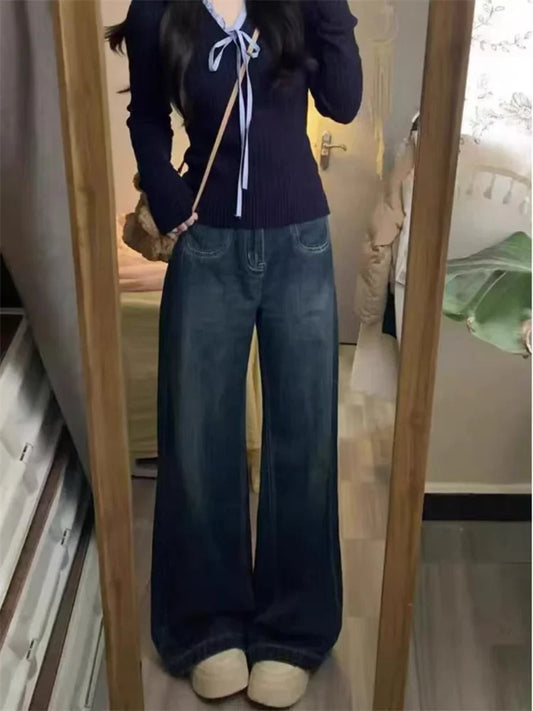 High Waist Wide Leg Loose Straight Deep Blue Denim Pants