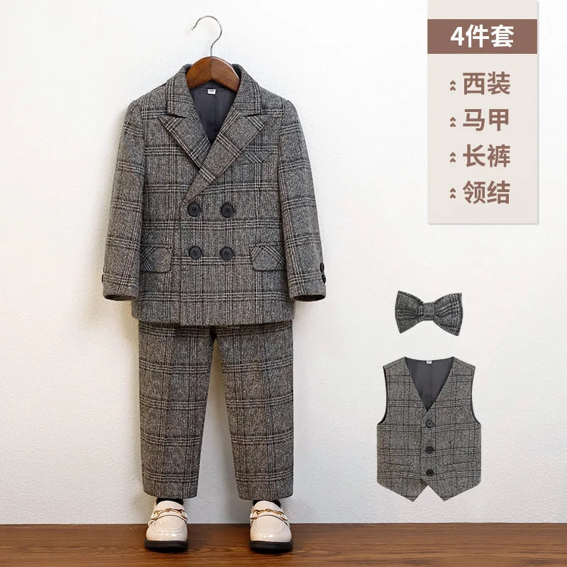 Boys Suit For Wedding Party Kids Jacket Vest Pants Bowtie 4PCS Ceremony Tuxedo Dress Children Photograph Performance Costume