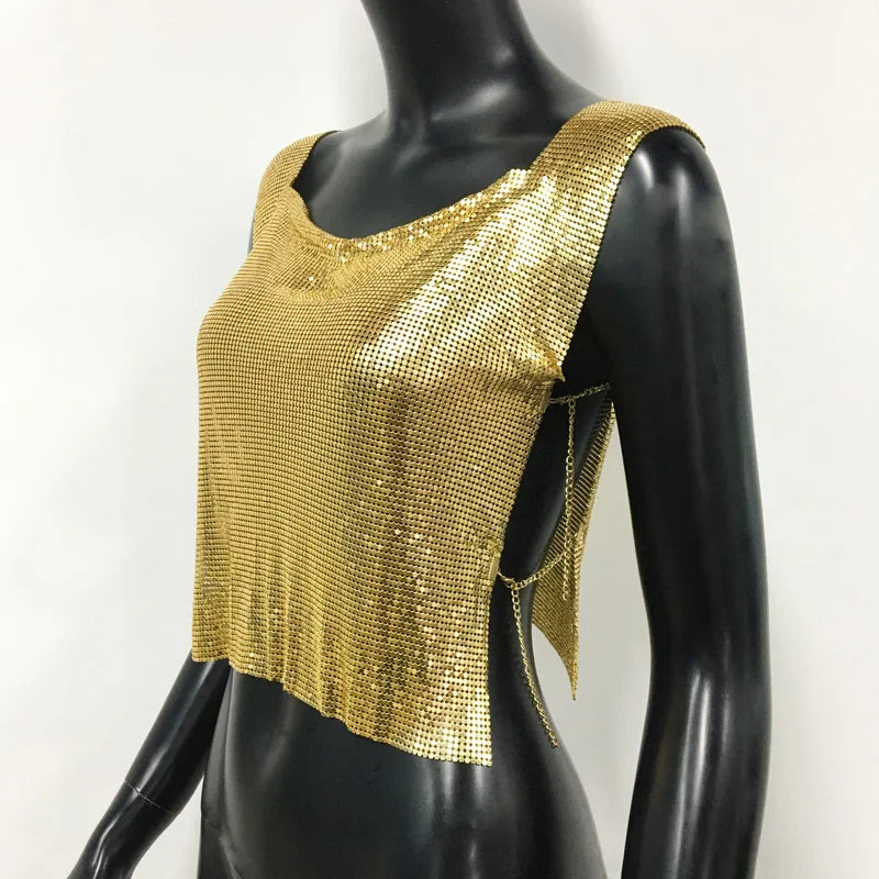 Women Metal Sequins Crop Tops Sexy Hollow Out Sleeveless Backless Y2k Tank Tops Nightclub Party Rave Festival Camisole 2023 New