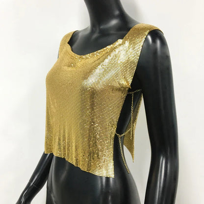 Women Metal Sequins Crop Tops Sexy Hollow Out Sleeveless Backless Y2k Tank Tops Nightclub Party Rave Festival Camisole 2023 New