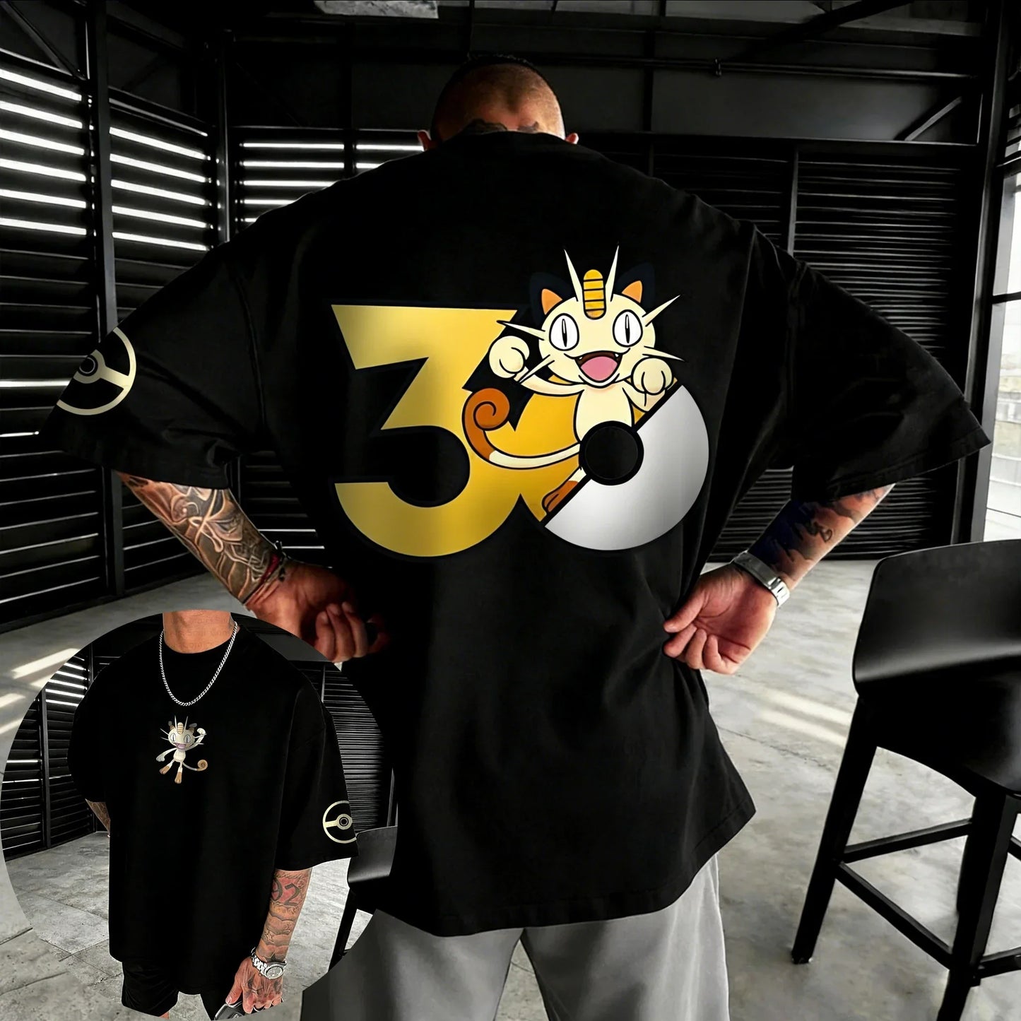 30th Anniversary Meowth Printed T-shirt Summer New Men's and Women's Loose Casual Hip Hop Trendy Short Sleeve Top
