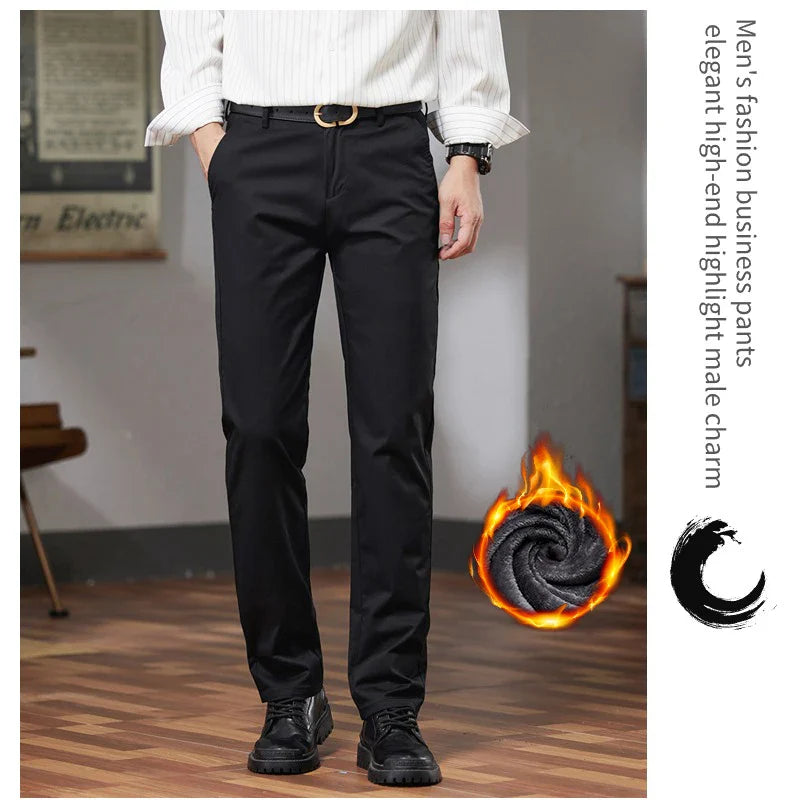 Fleece Winter Casual Pants Men Straight Stretch Soft Warm Velvet Trousers Comfortable Fashion Slim Plush Business Male Pants