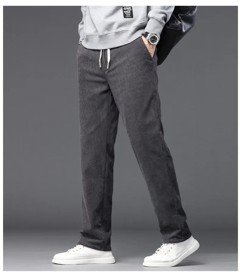 Straight Corduroy Classic Male Pants Khaki Black Gray Baggy Fashion Elastic Waist Trousers Soft Stretchy Casual Men's Clothing