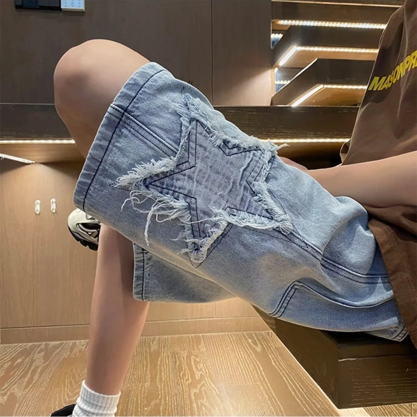 Star Patchwork Yellow Clay Color Jeans Summer Men Denim Shorts Trendy Streetwear Five-point Pants Straight Jeans Shorts