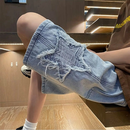 Star Patchwork Yellow Clay Color Jeans Summer Men Denim Shorts Trendy Streetwear Five-point Pants Straight Jeans Shorts