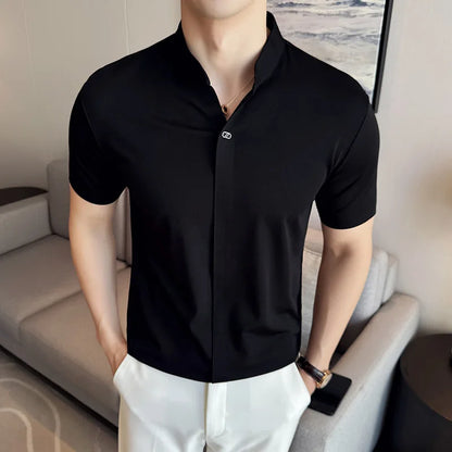 Men's High Elastic V-neck Polo Shirt, Thin Short-sleeve T-shirt, Business Casual Men's Top, 2024 High Quality, M-4XL.