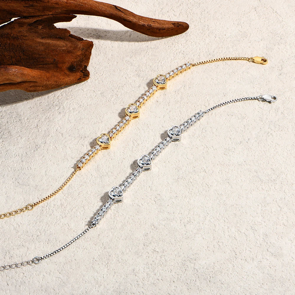 Heart Shaped Moissanite Bracelet for Women S925 Sterling Silver Adjustable Tennis Chain Gold Plated Trendy Fine Jewelry