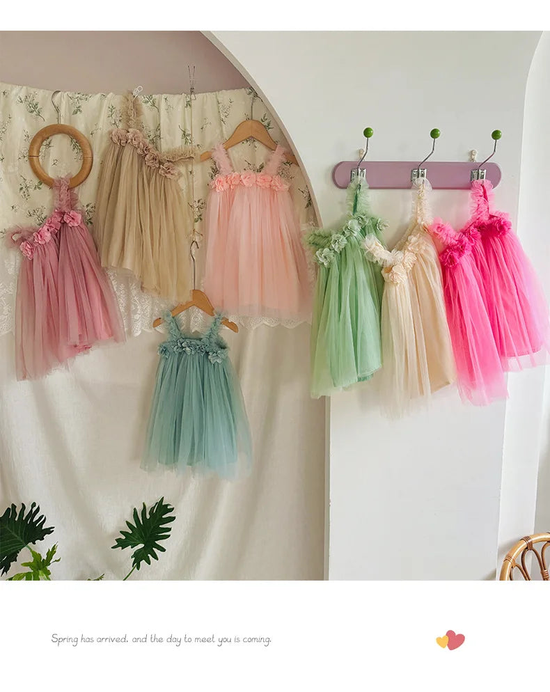 1-6 Y Girls Dresses  3D Flower A Line Dress for Girls Sleeveless Camisole Mesh Dress