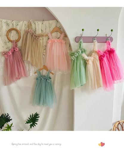 1-6 Y Girls Dresses  3D Flower A Line Dress for Girls Sleeveless Camisole Mesh Dress