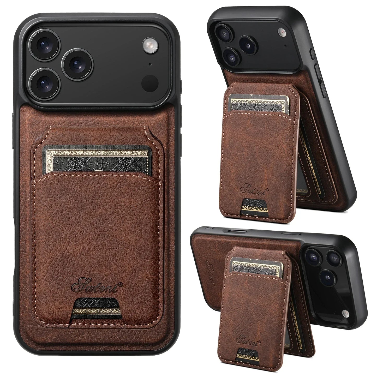 Wireless Charging Phone Case Magnet Card Holder Stand Faux Leather For iPhone 17 Pro Max 16 Plus 15 14 13 12