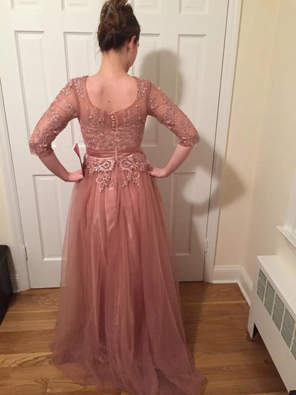 Vestidos de Renda Decote Redondo Noite Elegantes Meia Manga Aplicações Tule Festa Formal Longo Sem Costas Com Cinto Robe De