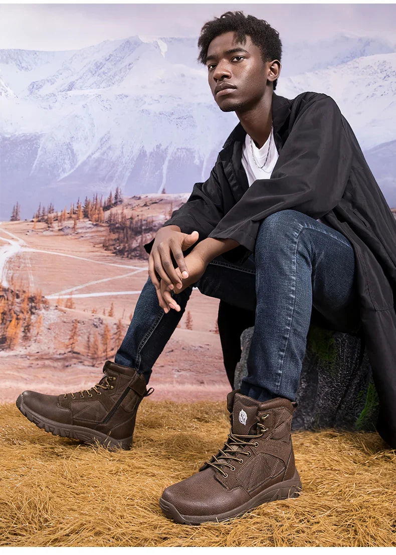 Brand High-Top Leather Men's Boots Breathable Desert Combat Men Work Ankle Outdoor Non-slip Hiking Boots Men's Motorcycle Boots