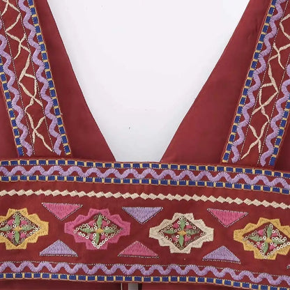 Women Fashion With Tie Tassel Embroidered Crop Tank Tops Sexy V Neck Wide Straps Female Waistcoat Chic Vest Tops