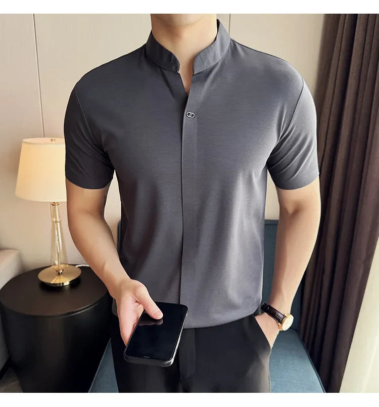 Men's High Elastic V-neck Polo Shirt, Thin Short-sleeve T-shirt, Business Casual Men's Top, 2024 High Quality, M-4XL.