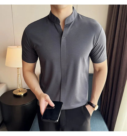 Men's High Elastic V-neck Polo Shirt, Thin Short-sleeve T-shirt, Business Casual Men's Top, 2024 High Quality, M-4XL.