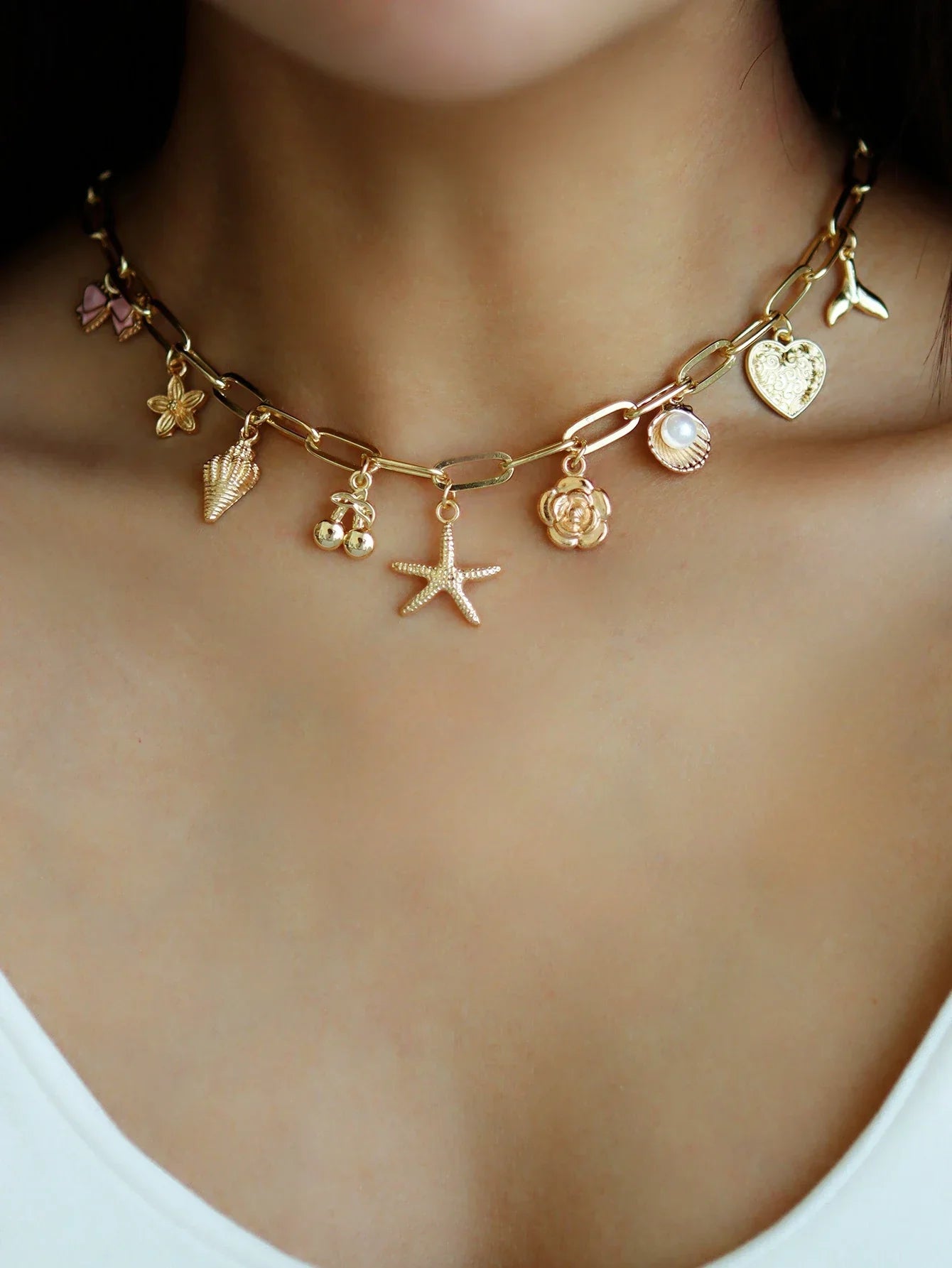 Dopamine Cherry Starfish Chili Peppe Pendant for Women Charm Chain Necklace Beach Jewelry Vacation Gift